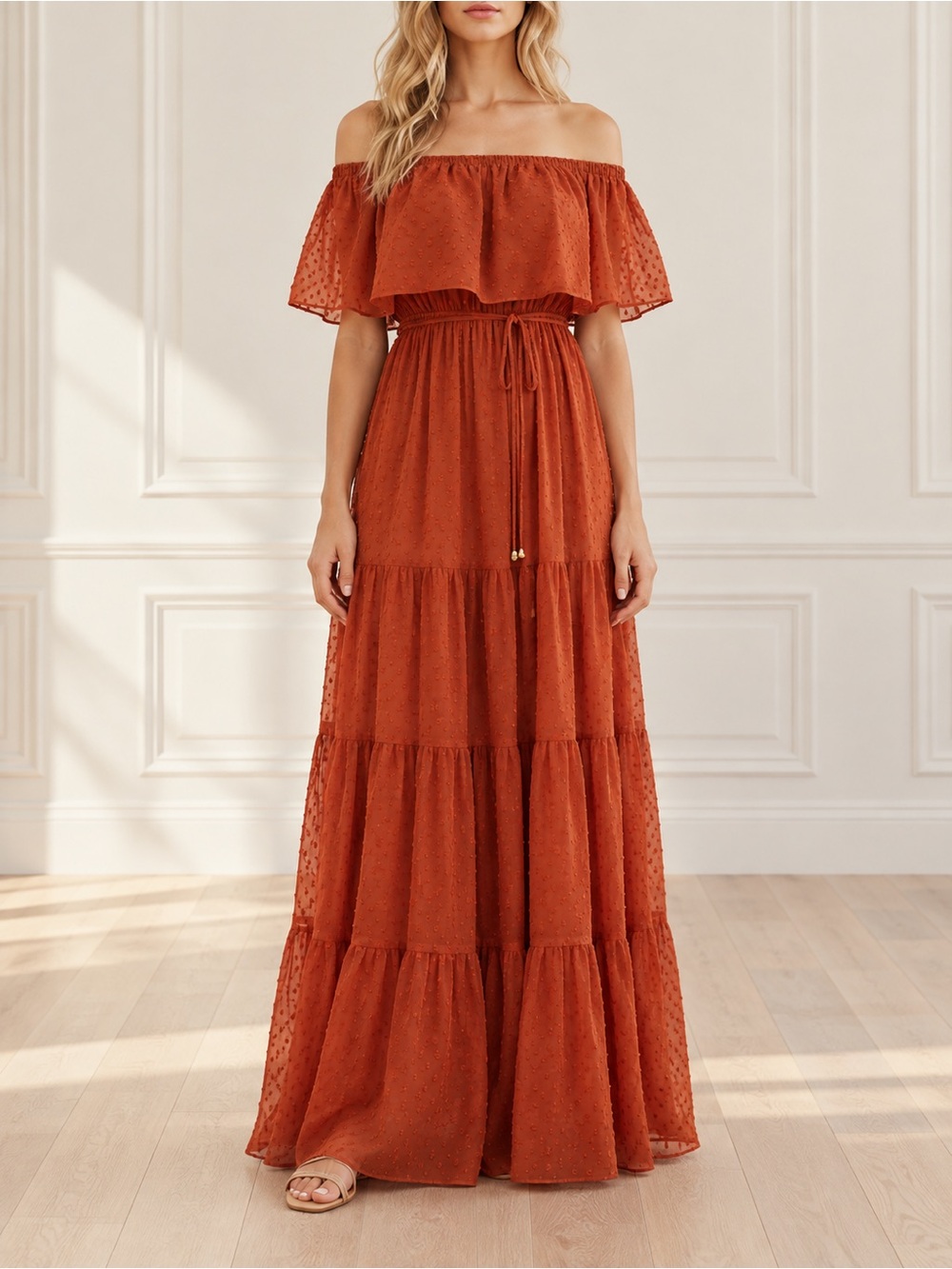 NWT Baltic Born Swiss Dot Maxi Dress XS Rust Off Shoulder Tiered Wedding Guest